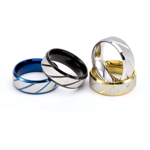 Modern 8mm brushed steel rings for men with diagonal grooves in blue, black, gold and silver