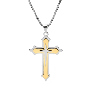 Three-layer cross pendant necklace in silver and gold stainless steel for men