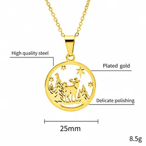 Polished hollow stainless steel necklace pendant featuring a reindeer and forest star scene