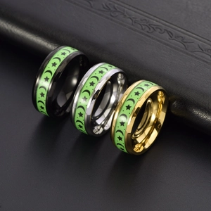 Luminous star and moon rings in black, gold, and silver titanium steel for men and women