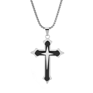 Three-layer stainless steel cross pendant necklace with black enamel and silver box chain