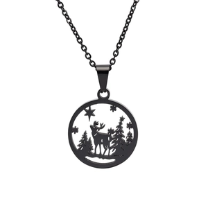 Minimalist black stainless steel necklace with cutout reindeer and forest pendant