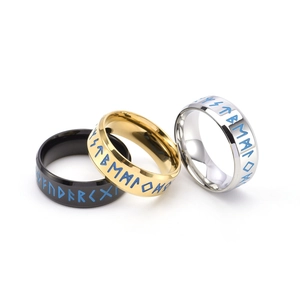 Nordic Viking rune stainless steel rings in black, gold, and silver with blue luminous inlay
