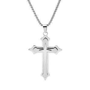 Men's silver triple-layered cross pendant necklace with sturdy stainless steel box chain