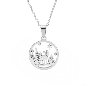 Stainless steel necklace with a hollow circular pendant featuring reindeer and forest design