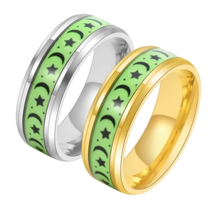 Glow in the dark star and moon rings in gold and silver polished stainless steel