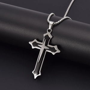 Men's fashionable three-layer stainless steel cross pendant necklace with a black enamel inlay