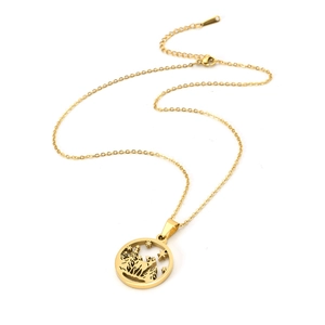 Gold stainless steel necklace with openwork reindeer and forest pendant on white background