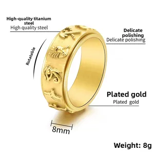 Detail view of 8mm rotating titanium steel ring featuring ancient Egyptian motifs
