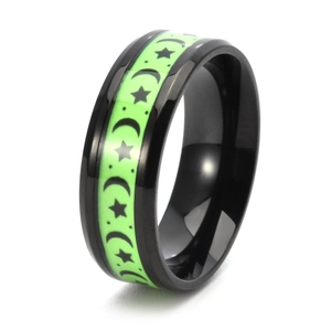 Luminous black titanium steel ring with glow-in-the-dark stars and moon pattern