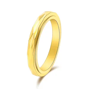 Minimalist Faceted Stainless Steel Spinner Ring For Women Rhombus Cut Design Anxiety Stress Relief Jewelry Thin Band Rotating Ring