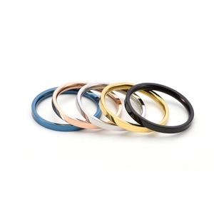 Minimalist 2mm stainless steel band rings set in five colors with polished finish