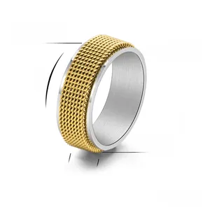 Detailansicht des 8mm breiten, drehbaren zweifarbigen Titanstahlrings mit Webmuster