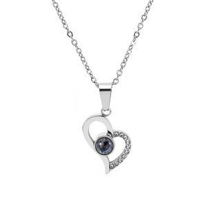 Silver heart projection necklace with 100 languages of I Love You and zircon accents