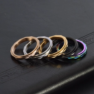 Five-piece set of faceted stainless steel rings in gold, silver, black, and rainbow finishes