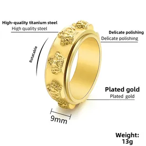 Detailed macro view of 9mm golden crown embossed rotatable titanium steel ring for men