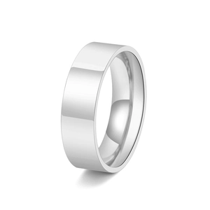 Macro shot of silver polished flat band ring showing professional mirror finish details