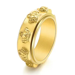 Retro Men Stainless Steel Rotatable Crown Ring Vintage Embossed Spinner Ring Hip Hop Fashion Finger Jewelry Accessory Gift