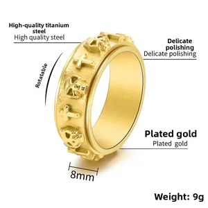 Detail of 8mm gold titanium steel rotating ring with skull and cross punk relief