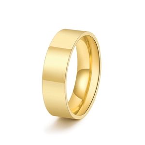 Close-up of a minimalist gold polished titanium steel band ring with a mirror finish surface