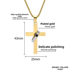 Detail view of the 43mm by 25mm gold-tone titanium steel cross necklace dimensions