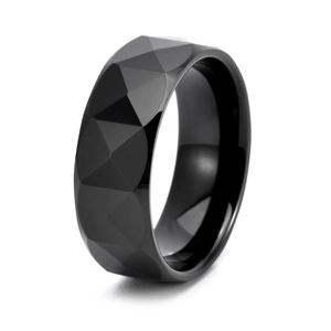 Polished faceted black tungsten ring for men with geometric industrial surface design