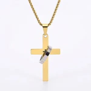 Men Hip Hop Titanium Steel Cross Pendant Necklace Circle Nested Gold Silver Black Stainless Steel Long Sweater Chain Jewelry