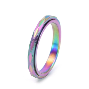 Rainbow geometric faceted stainless steel spinner ring for women with minimalist finish