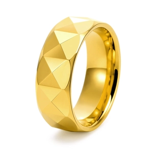Polished gold tungsten ring with geometric faceted surface shown at a 45-degree angle