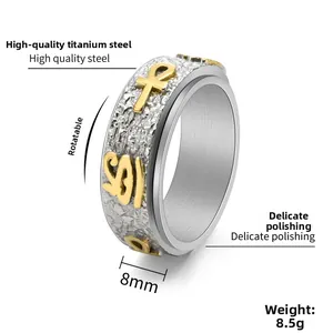 Detail of 8mm rotating titanium steel ring with Ankh symbol and hammered texture surface