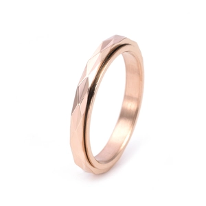 Macro detail of rose gold stainless steel ring with geometric diamond-cut facets