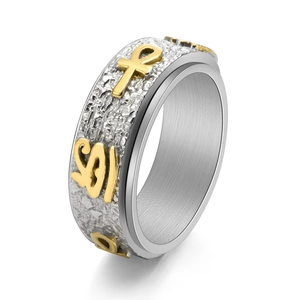 Close-up of rotatable spinner ring with golden Ankh cross and Egyptian Eye of Horus symbols