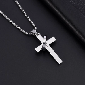Men's hip hop titanium steel cross necklace with ring pendant on a round bead chain