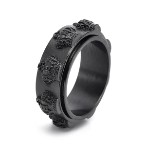 Vintage black stainless steel spinner ring with relief crown patterns for men