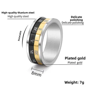 Detail of 8mm rotating three-tone stainless steel ring with Roman numerals engraving