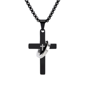 Hip-hop titanium steel cross pendant necklace with black and silver layered industrial design