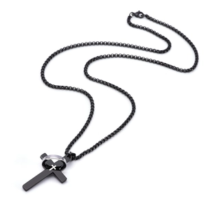Detail shot of black titanium steel cross pendant with patterned ring on pearl chain