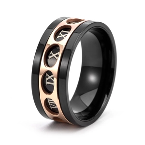 Bague bicolore pour homme avec chiffres romains en acier noir et or rose brillant