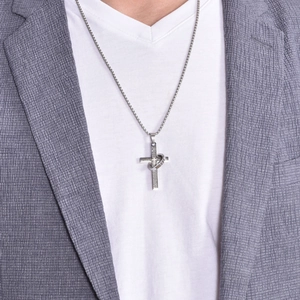 Men's hip hop silver titanium steel cross necklace with polished ring pendant on bead chain