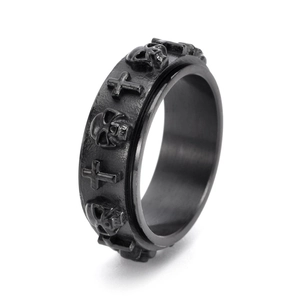 Vintage black titanium steel rotating ring with gothic skull and cross relief for men