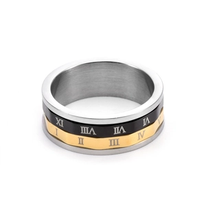 Three-tone spinner ring in stainless steel with Roman numeral engravings and polished finish