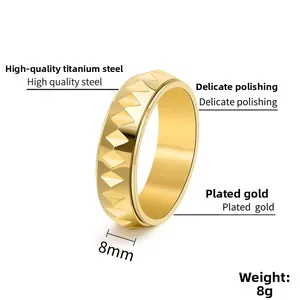Detail of 8mm gold rotatable ring with 3D geometric facets and 8g weight specs