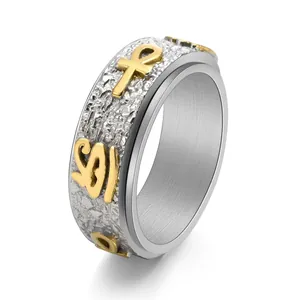 Vintage Stainless Steel Spinner Ring For Men Women Ankh Cross Eye Of Horus Retro Hammered Texture Relief Anxiety Finger Jewelry