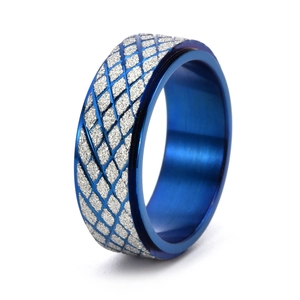 Rotatable blue and silver titanium steel ring with diamond pattern sandblasted finish