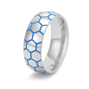 Luminous soccer ring in stainless steel with blue hexagonal honeycomb pattern for men