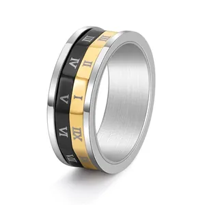 Men Stainless Steel Spinner Ring Tricolor Roman Numerals Design Rotating Band Ring Vintage Industrial Personalized Jewelry Gift
