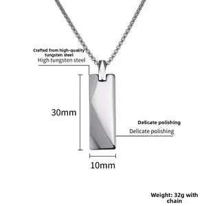 Detailed view of polished 30x10mm tungsten steel rectangular pendant with silver finish