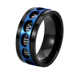 Bague Spinner à la Mode pour Hommes en Acier Inoxydable Chiffres Romains Creux Rotatif Anti-Anxiété Bicolore Style Punk Industriel Bijoux