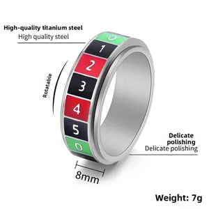 Macro view of 8mm spinning titanium steel ring with colorful number engravings