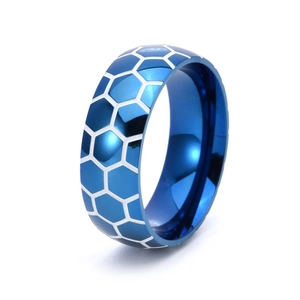 Luminous blue stainless steel soccer ring with white honeycomb texture for men